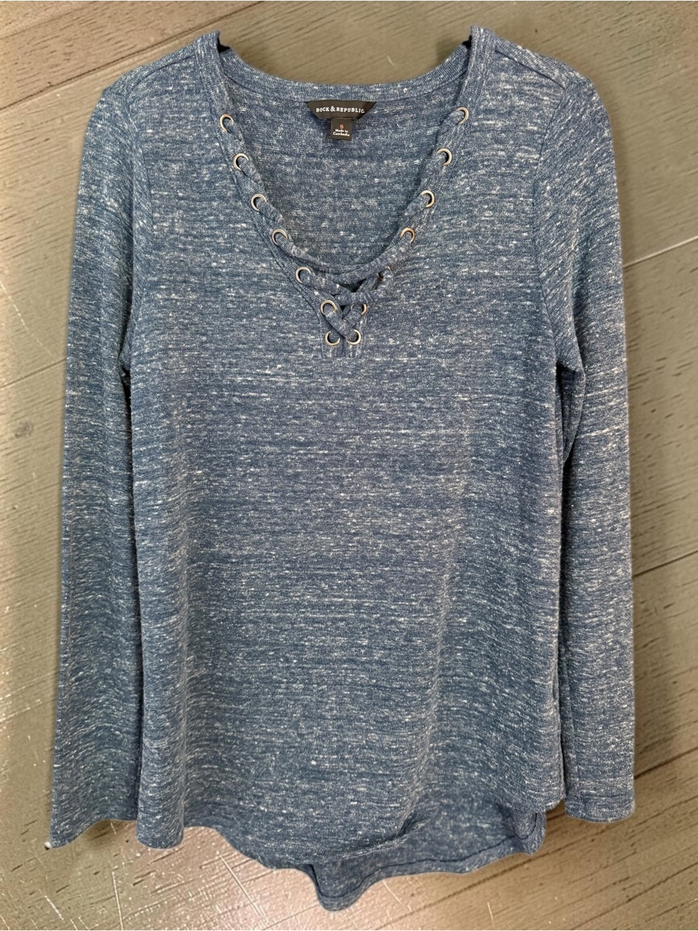 Rock & Republic Lace Up Knit Top Small Marled Blue Grommet V Neck Tee